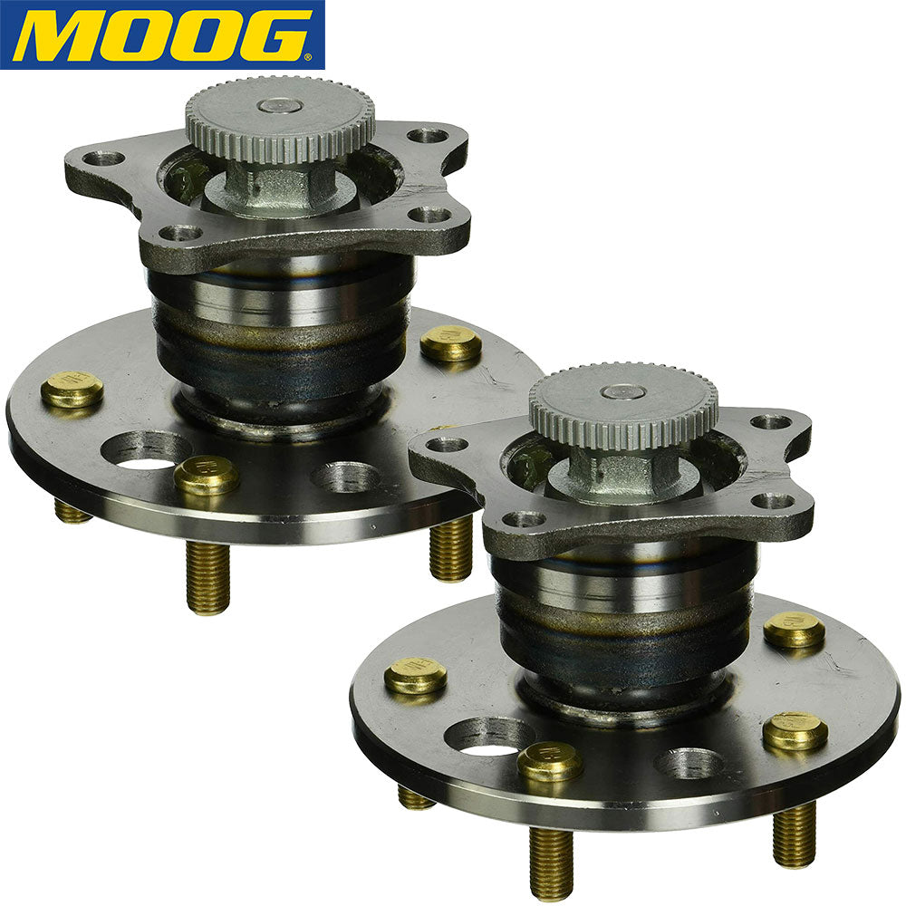 Pair of MOOG wheel hub assemblies with integrated ABS sensor gear, corrosion-resistant, heavy-duty construction, easy installation, ensures smooth and reliable vehicle performance.