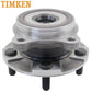 TIMKEN wheel hub assembly with bearing and studs, shown in front of an orange TIMKEN branded box, automotive replacement part.

