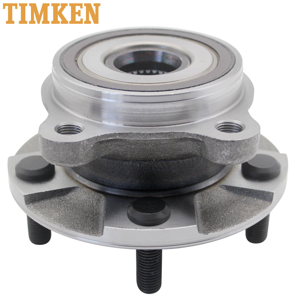 TIMKEN wheel hub assembly with bearing and studs, shown in front of an orange TIMKEN branded box, automotive replacement part.

