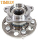 TIMKEN wheel hub assembly with bearing, shown in front of an orange-black TIMKEN box, automotive replacement part.

