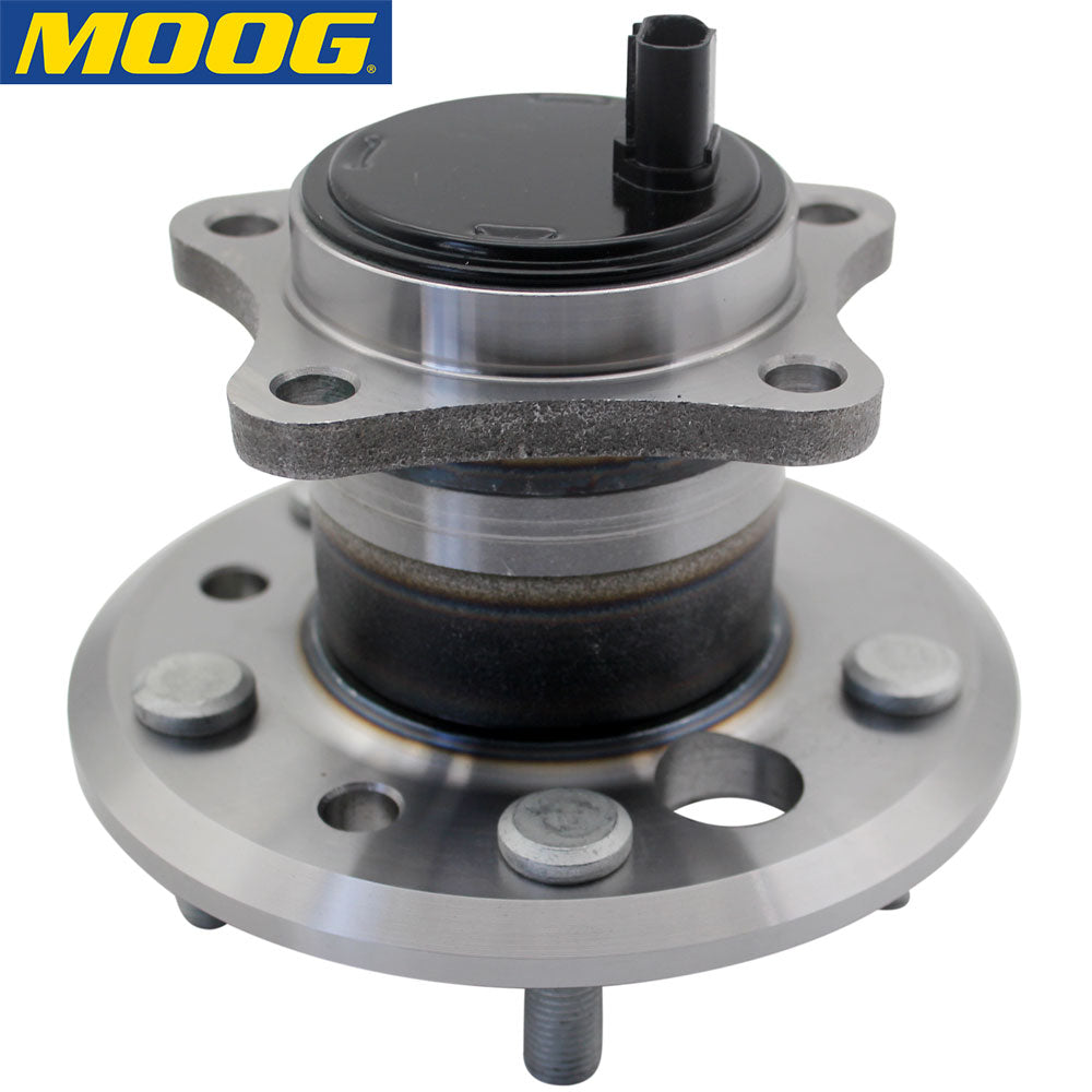 MOOG wheel hub assembly with ABS sensor, precision fit, durable, shown with branded yellow box and "The Problem Solver" slogan.

