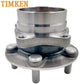 TIMKEN wheel hub assembly with bearing and studs, shown in front of an orange TIMKEN branded box, automotive replacement part.

