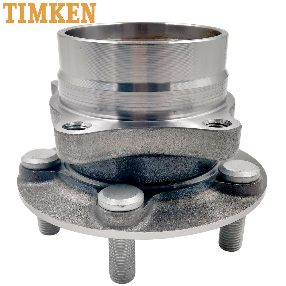 TIMKEN wheel hub assembly with bearing and studs, shown in front of an orange TIMKEN branded box, automotive replacement part.

