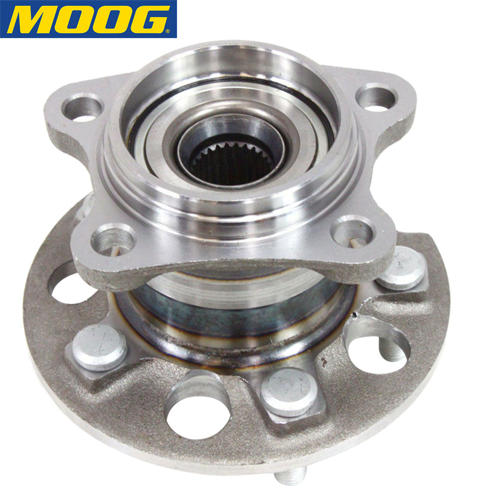 MOOG wheel hub assembly, high-strength steel, precise fit, corrosion resistant, shown with branded yellow MOOG box.

