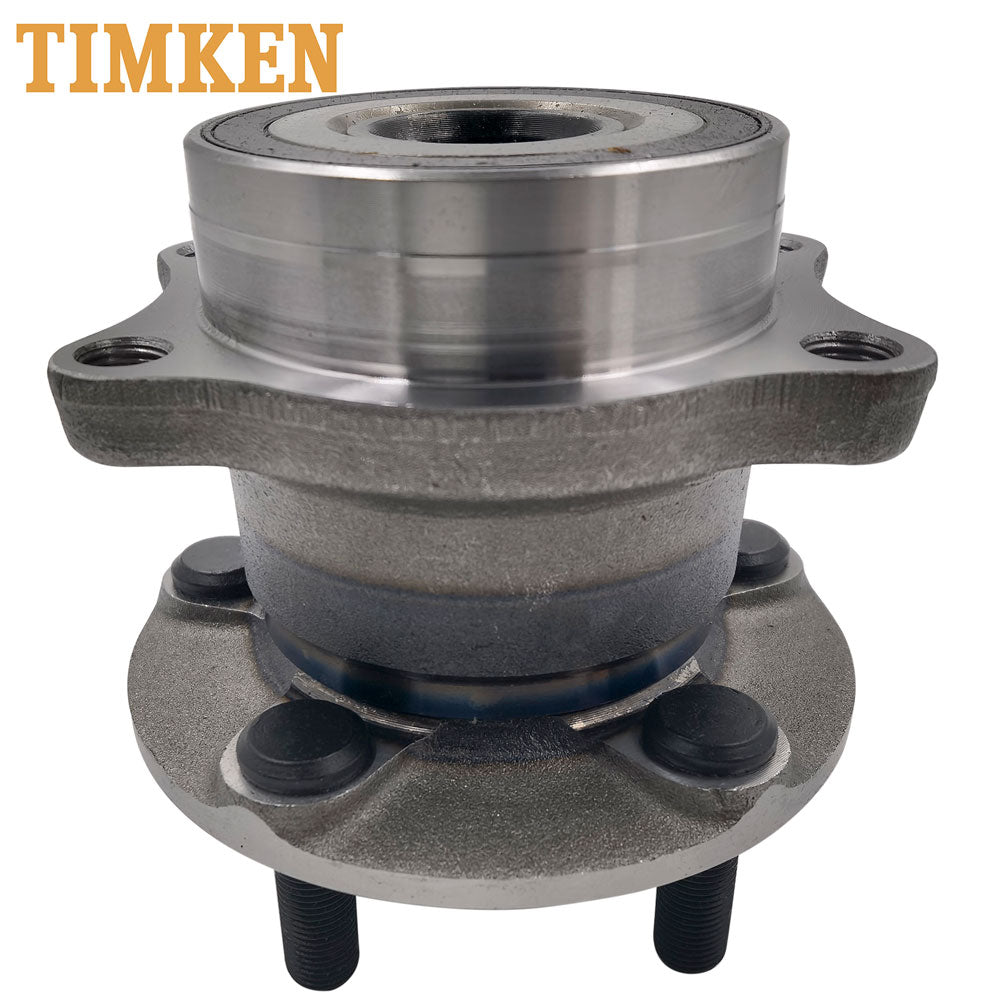 TIMKEN wheel hub assembly with bearing and studs, displayed in front of an orange TIMKEN branded box, automotive replacement part.


