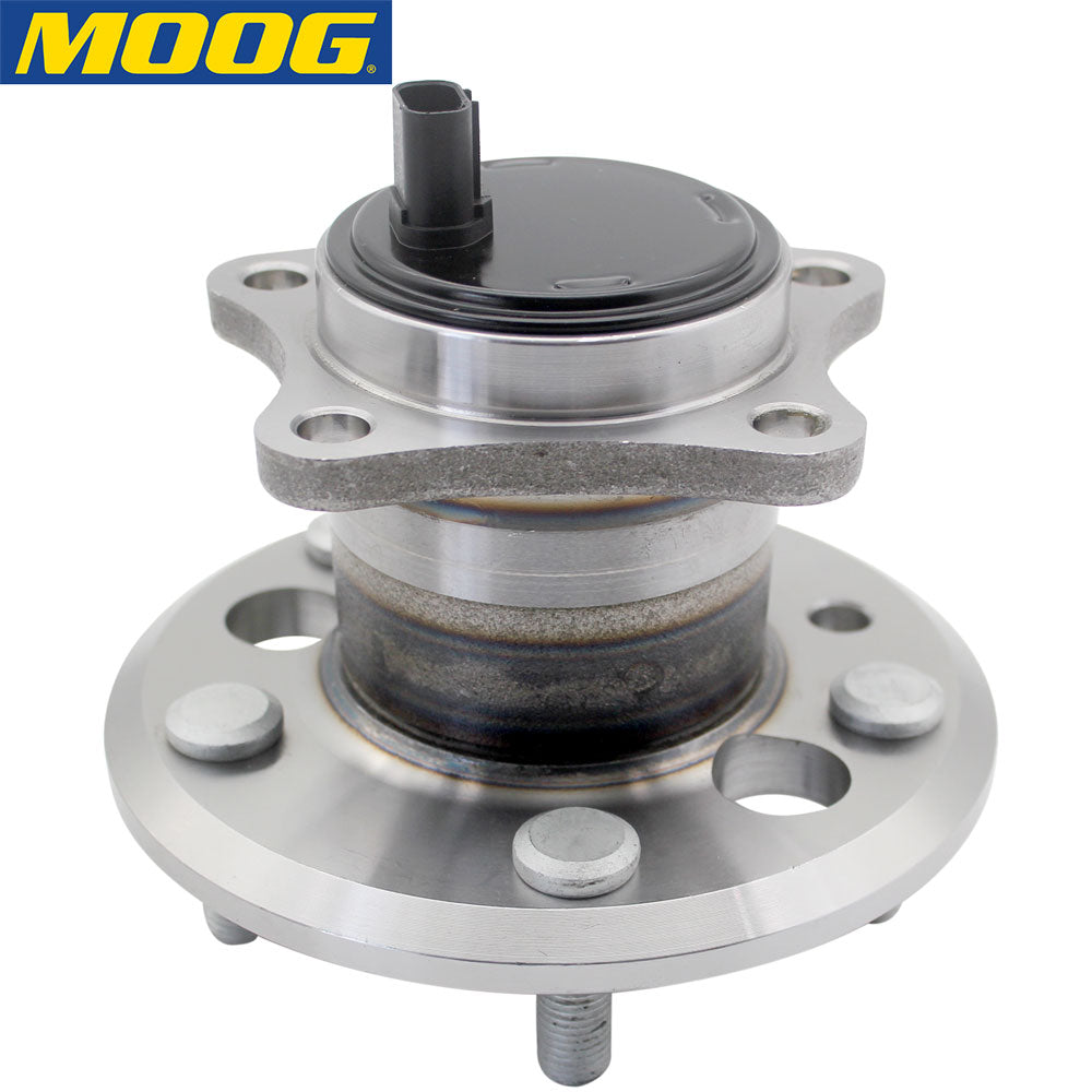 MOOG wheel hub assembly with ABS sensor, precise fit, durable construction, easy installation, yellow MOOG box included.

