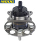 MOOG wheel hub assembly with sensor, front view, yellow branded box, automotive replacement part.


