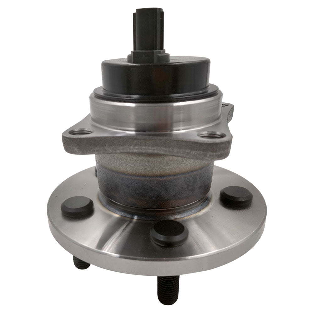 MOOG wheel hub assemblies, front and back view, with ABS sensor, precision fit, durable, shown with yellow MOOG box.

