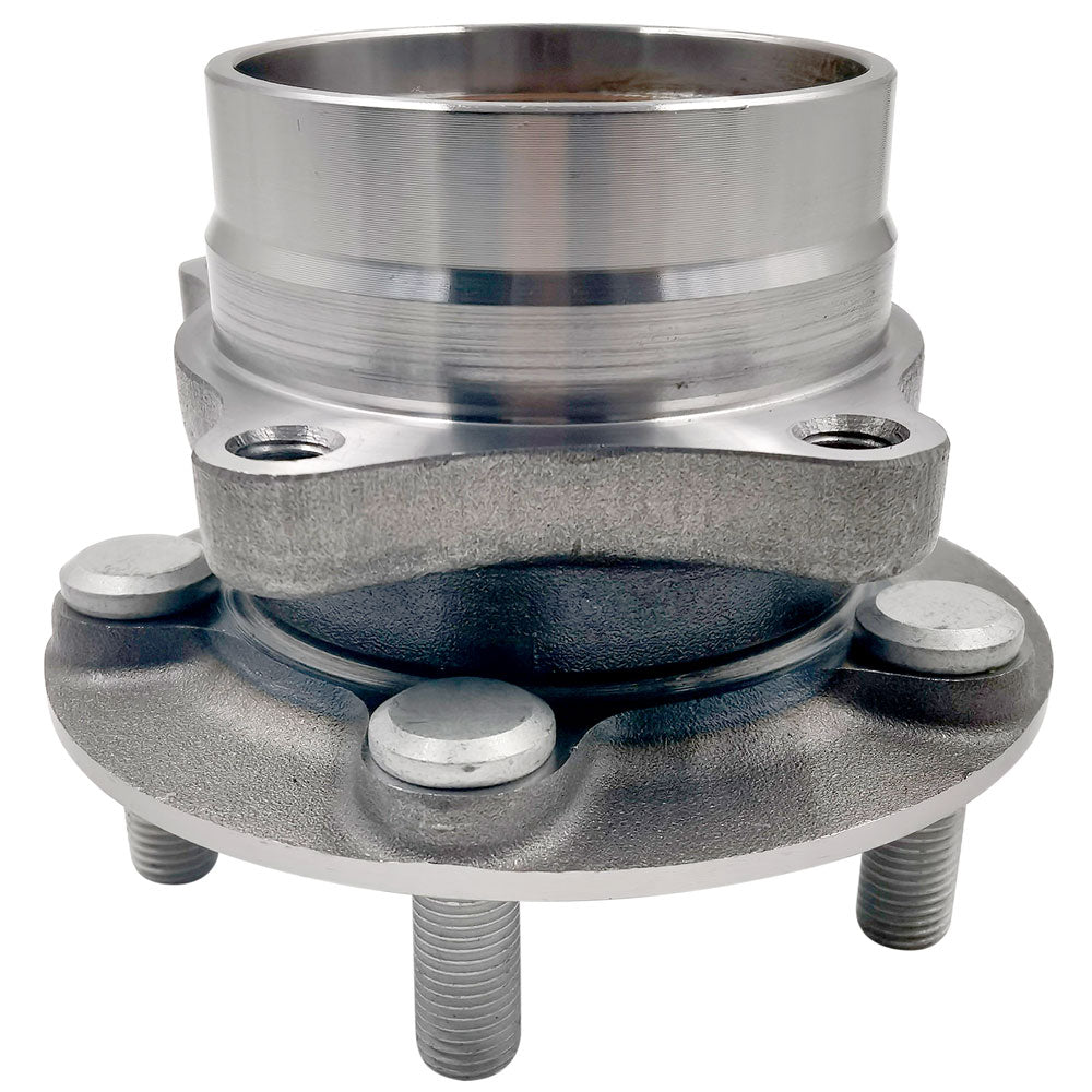 TIMKEN wheel hub assembly with bearing and studs, shown in front of an orange TIMKEN branded box, automotive replacement part.

