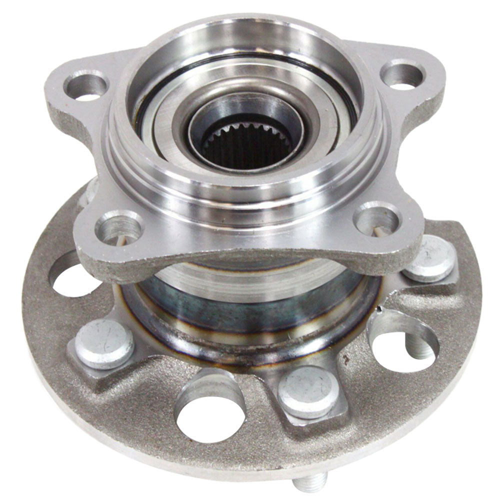 TIMKEN wheel hub assembly with bearing, shown in front of an orange-black TIMKEN box, automotive replacement part.

