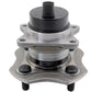 MOOG wheel hub assembly with ABS sensor, placed in front of a yellow MOOG branded box, automotive replacement part.

