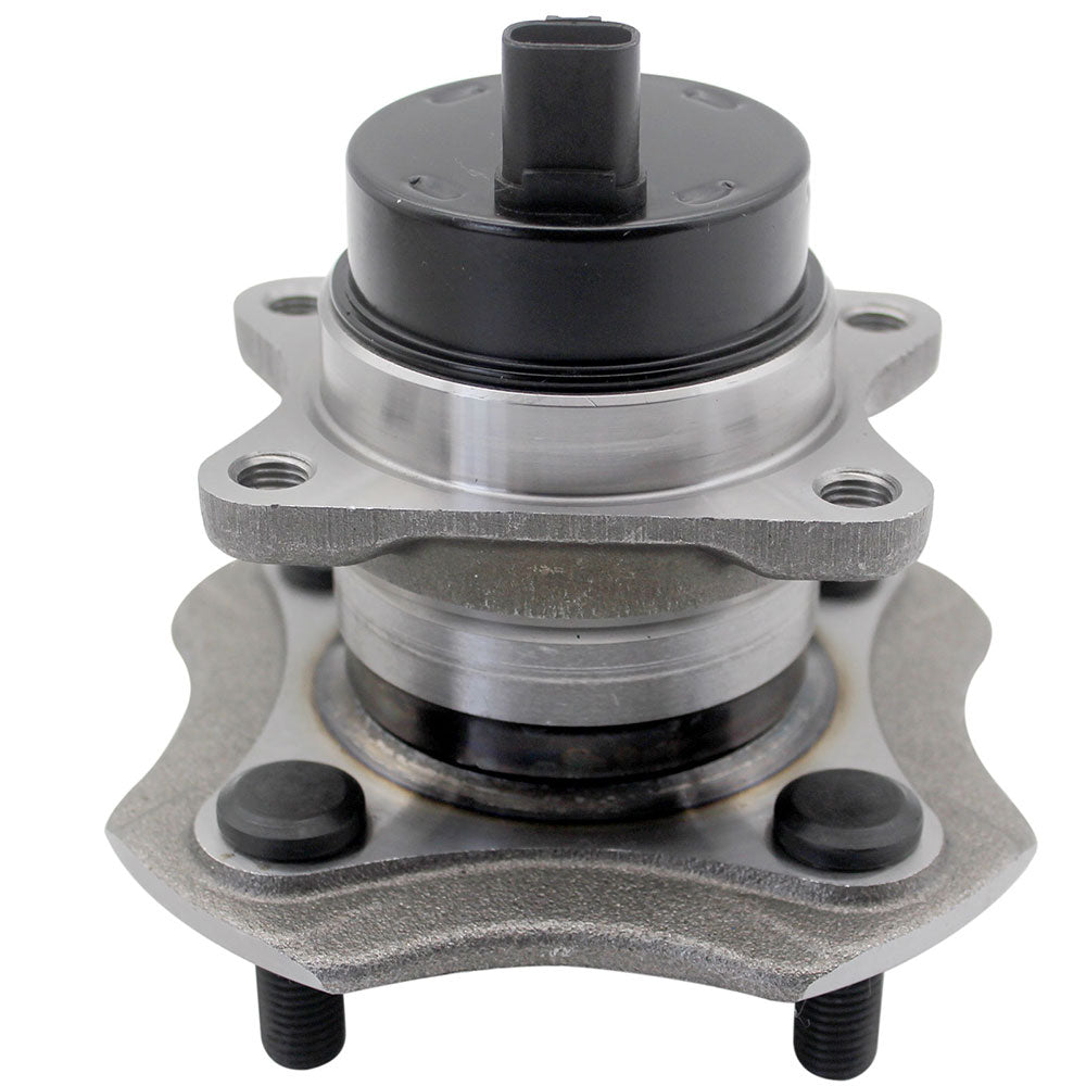 MOOG wheel hub assembly with ABS sensor, placed in front of a yellow MOOG branded box, automotive replacement part.

