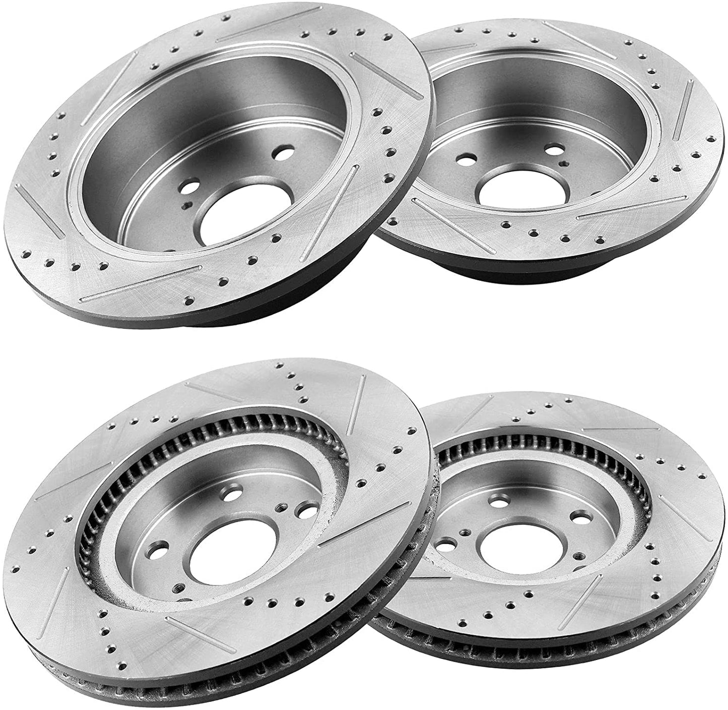 Front & Rear Drilled & Slotted Disc Brake Rotors + Ceramic Pads + Cleaner & Fluid Fits for 2013-2018 Lexus ES300h/ES350, 2013-2018 Toyota Avalon, 2012 - 2017 Toyota Camry