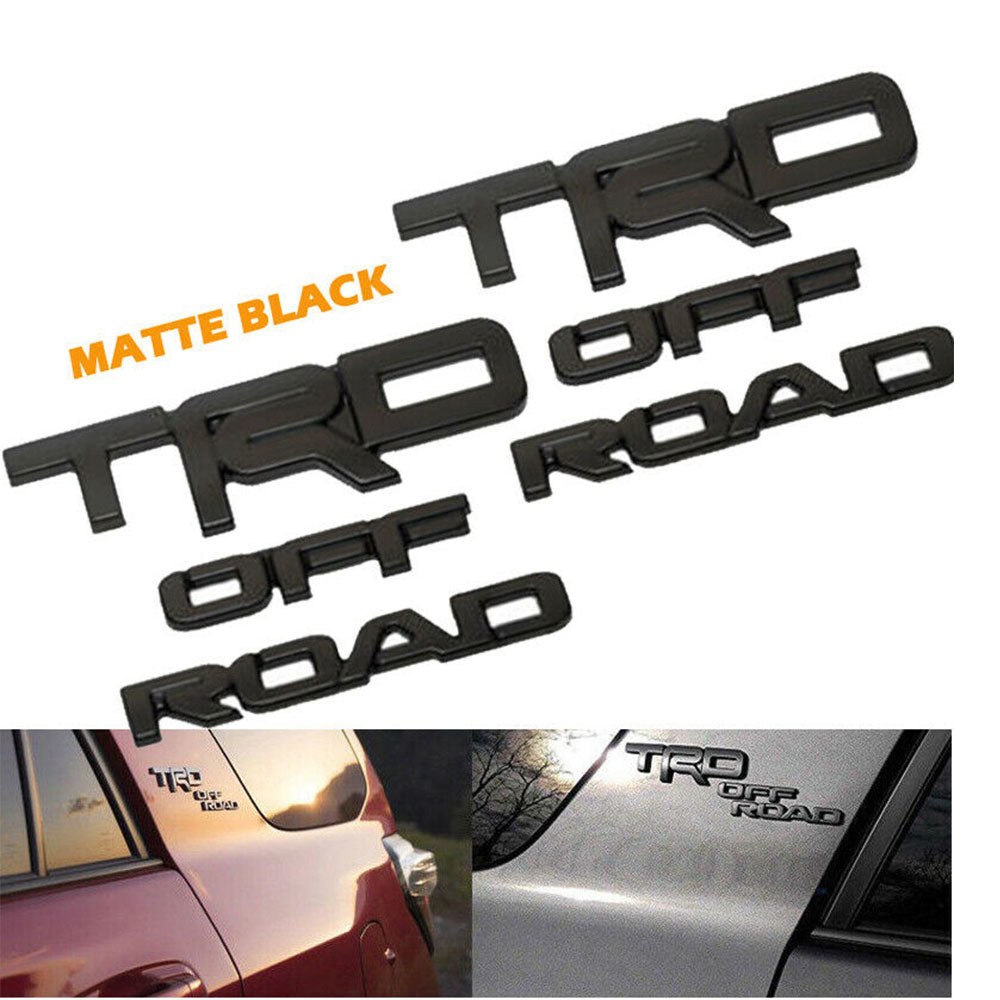 Matte black TRD OFF ROAD emblems, shown on different vehicle models.