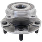 Two MOOG wheel hub assemblies in front of a yellow MOOG branded box with world map, automotive replacement parts.

