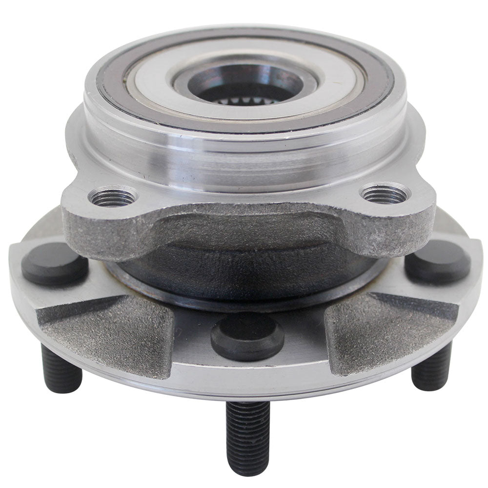 Two MOOG wheel hub assemblies in front of a yellow MOOG branded box with world map, automotive replacement parts.

