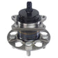 MOOG wheel hub assembly with sensor, front view, yellow branded box, automotive replacement part.

