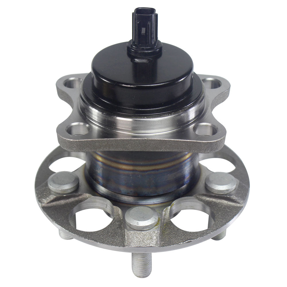 MOOG wheel hub assembly with sensor, front view, yellow branded box, automotive replacement part.

