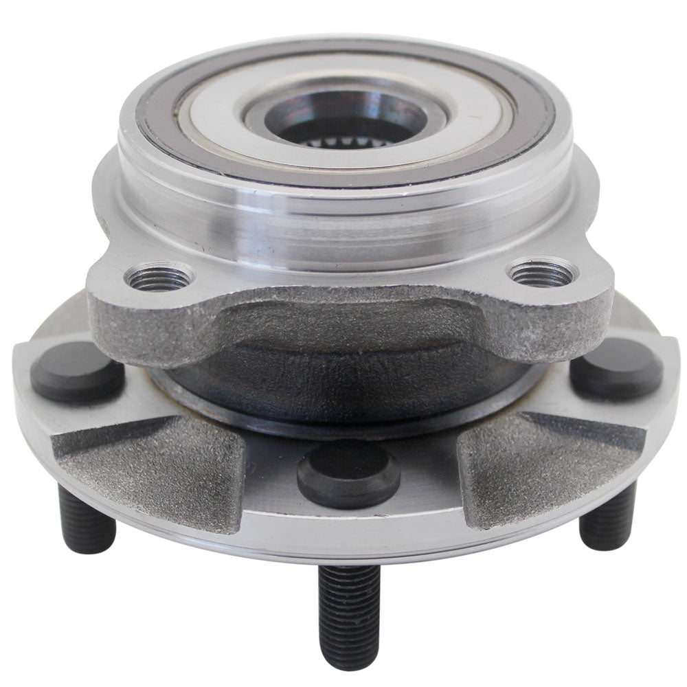 TIMKEN wheel hub assembly with bearing and studs, shown in front of an orange TIMKEN branded box, automotive replacement part.

