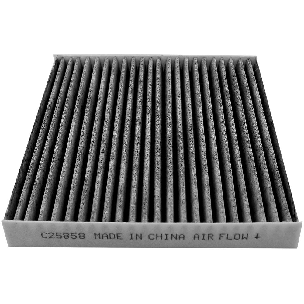 Cabin air filter C25858 with activated carbon pleated media, white frame labeled "MADE IN CHINA AIR FLOW" with directional arrow.

