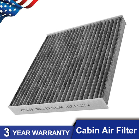 Cabin air filter C25858 with activated carbon pleated media, white frame labeled "MADE IN CHINA AIR FLOW" with directional arrow.

