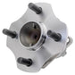 MOOG wheel hub assembly with ABS sensor, placed in front of a yellow MOOG branded box, automotive replacement part.

