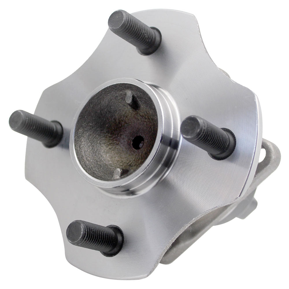 MOOG wheel hub assembly with ABS sensor, placed in front of a yellow MOOG branded box, automotive replacement part.

