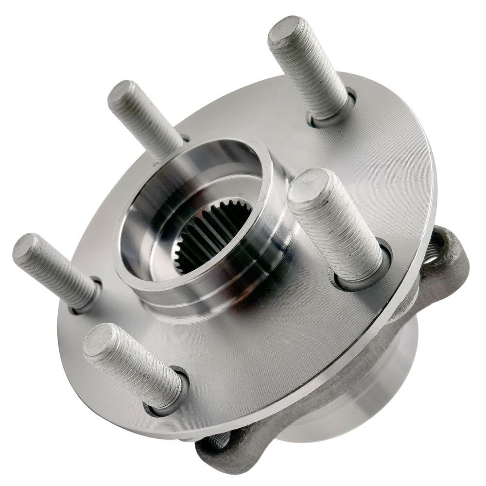 TIMKEN wheel hub assembly with bearing and studs, shown in front of an orange TIMKEN branded box, automotive replacement part.

