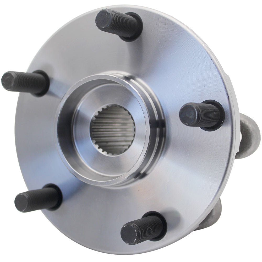 TIMKEN wheel hub assembly with bearing and studs, shown in front of an orange TIMKEN branded box, automotive replacement part.

