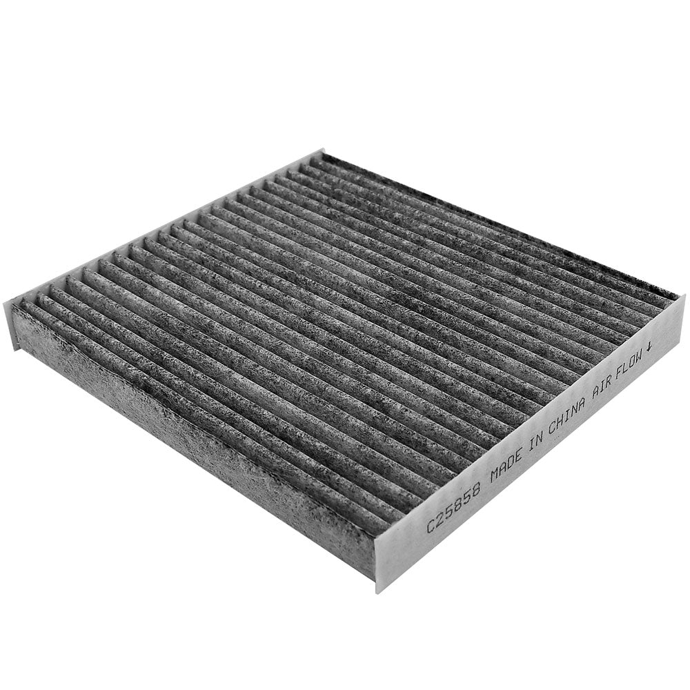 Cabin air filter C25858 with activated carbon pleated media, white frame labeled "MADE IN CHINA AIR FLOW" with directional arrow.

