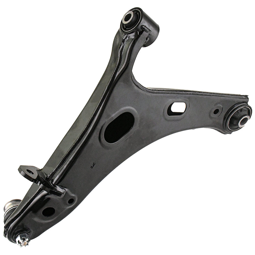 Two MOOG control arms with hardware, shown above a yellow-blue MOOG box labeled "Chassis Parts," automotive suspension components.

