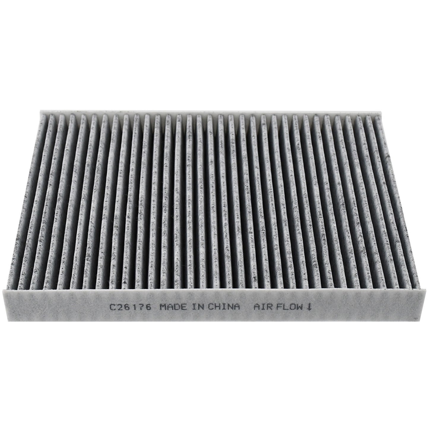 Cabin air filter C26176 with activated carbon pleated media, white frame labeled "MADE IN CHINA AIR FLOW" with directional arrow.


