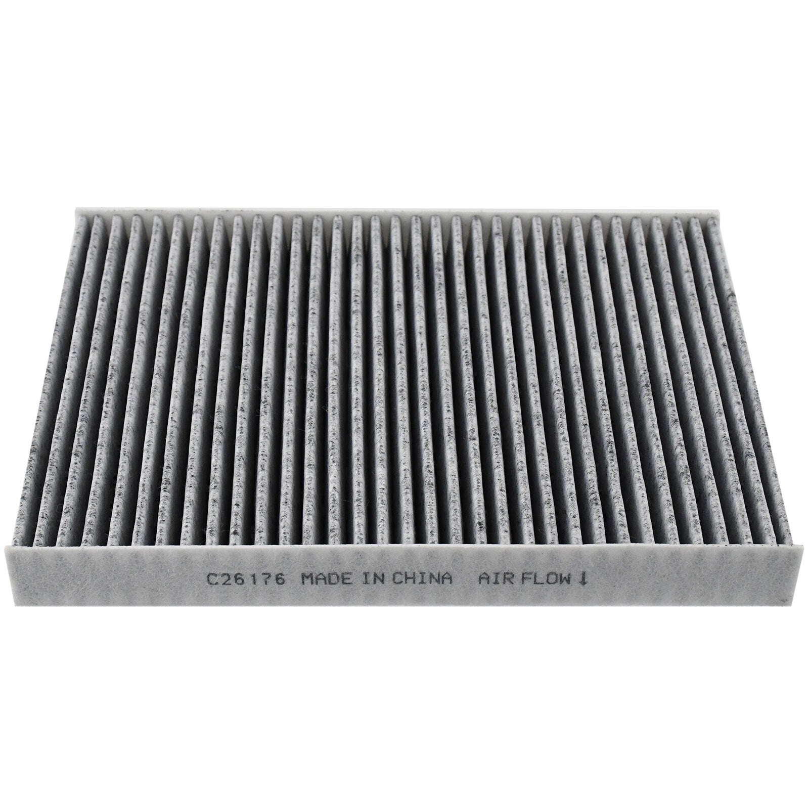Cabin air filter C26176 with activated carbon pleated media, white frame labeled "MADE IN CHINA AIR FLOW" with directional arrow.

