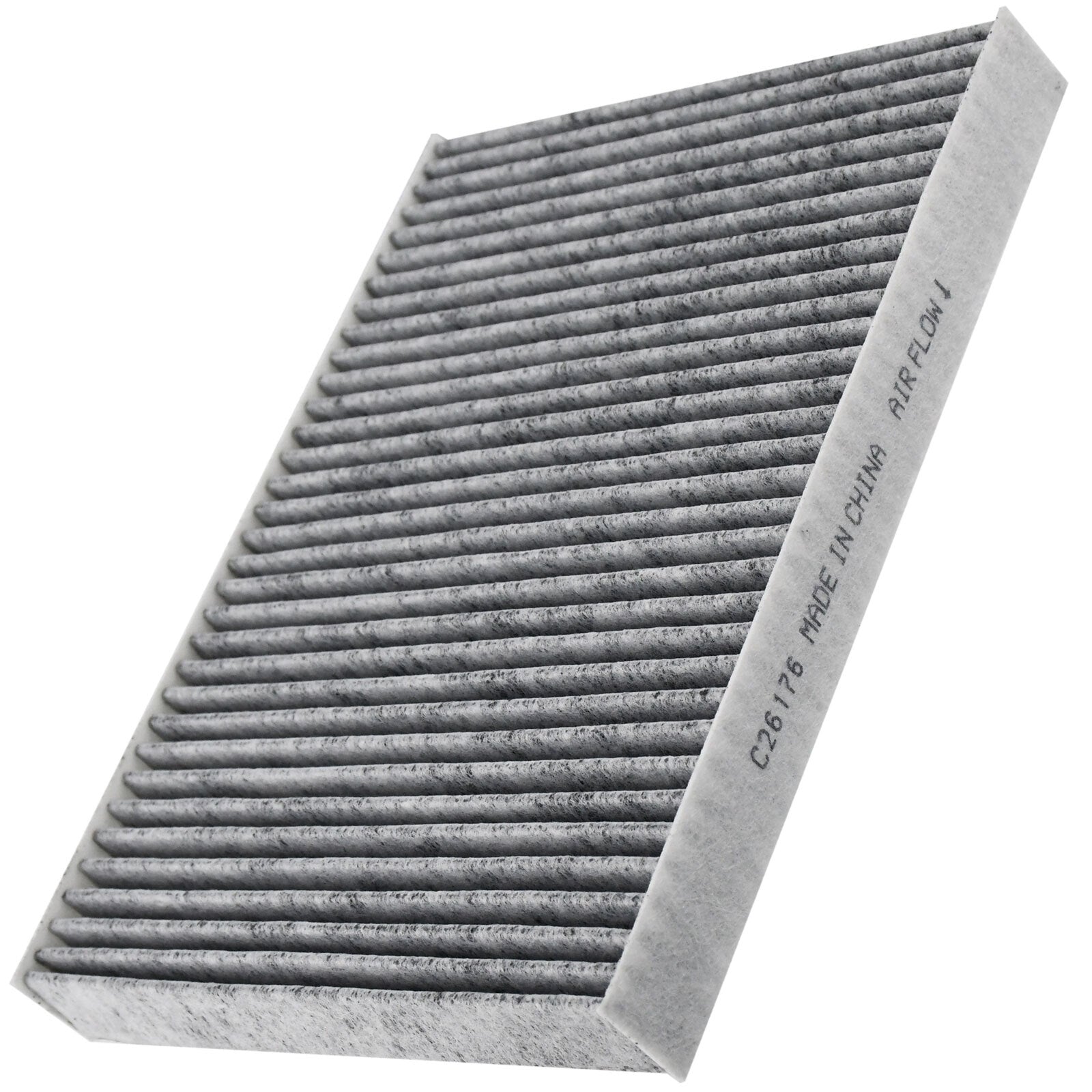 Cabin air filter C26176 with activated carbon pleated media, white frame labeled "MADE IN CHINA AIR FLOW" with directional arrow.

