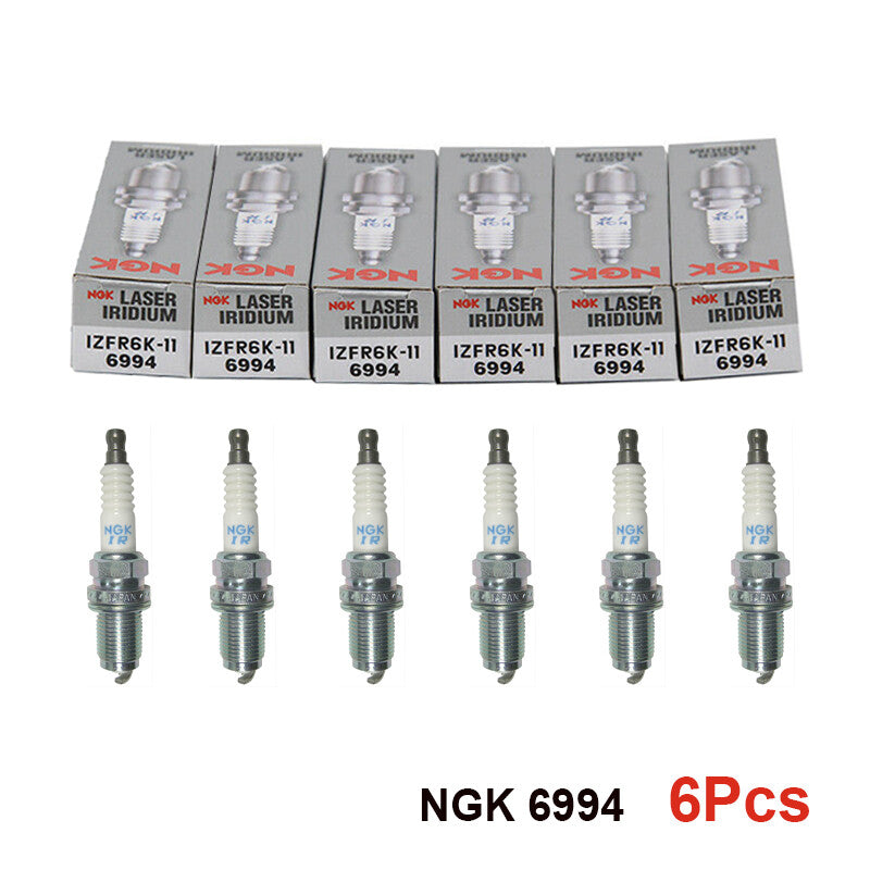 Six NGK 6994 Laser Iridium spark plugs (IZFR6K-11) with individual boxes, labeled "6Pcs" at the bottom.


