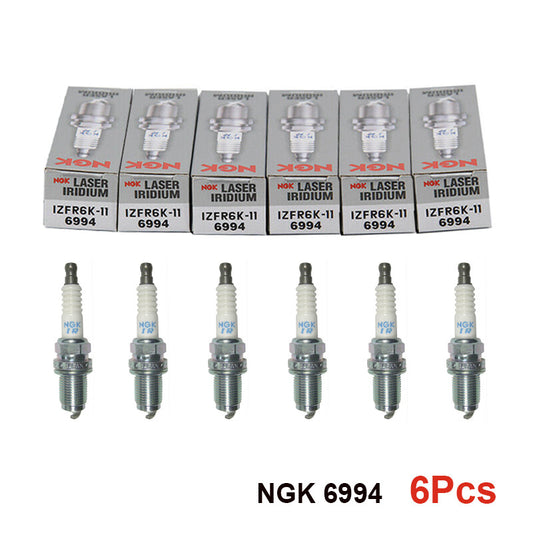 Six NGK 6994 Laser Iridium spark plugs (IZFR6K-11) with individual boxes, labeled "6Pcs" at the bottom.

