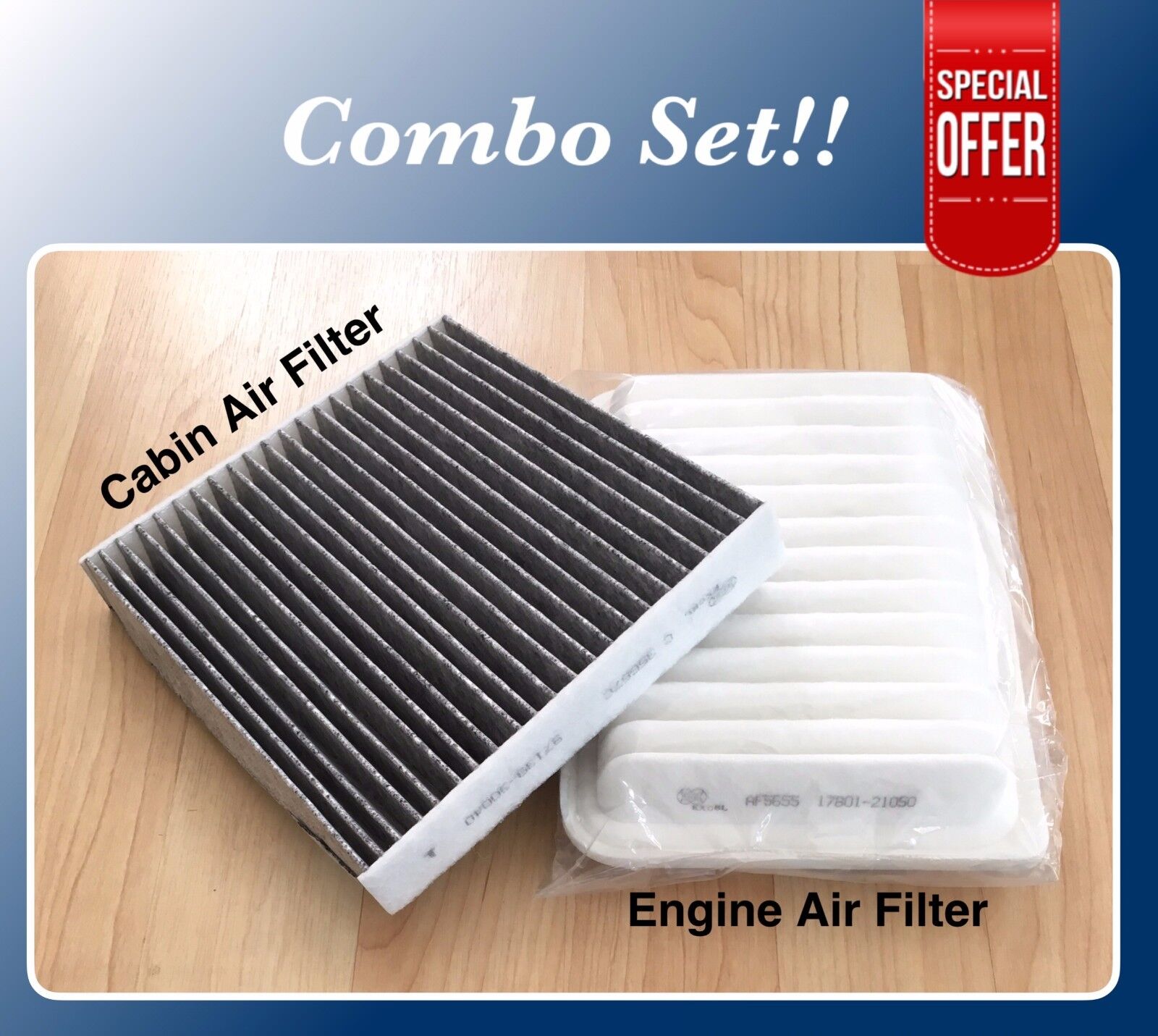 Two automotive filters displayed: black pleated cabin air filter AF5655 17801-21050 and white engine air filter on wooden surface.

