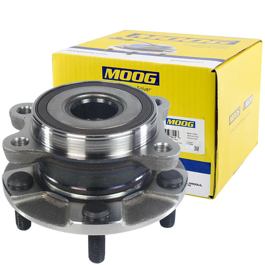 MOOG wheel hub assembly, close-up view, placed in front of a yellow MOOG branded box, automotive replacement part.

