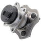MOOG wheel hub assembly with ABS sensor, placed in front of a yellow MOOG branded box, automotive replacement part.

