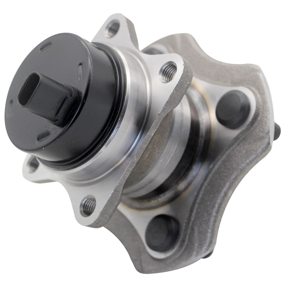 MOOG wheel hub assembly with ABS sensor, placed in front of a yellow MOOG branded box, automotive replacement part.

