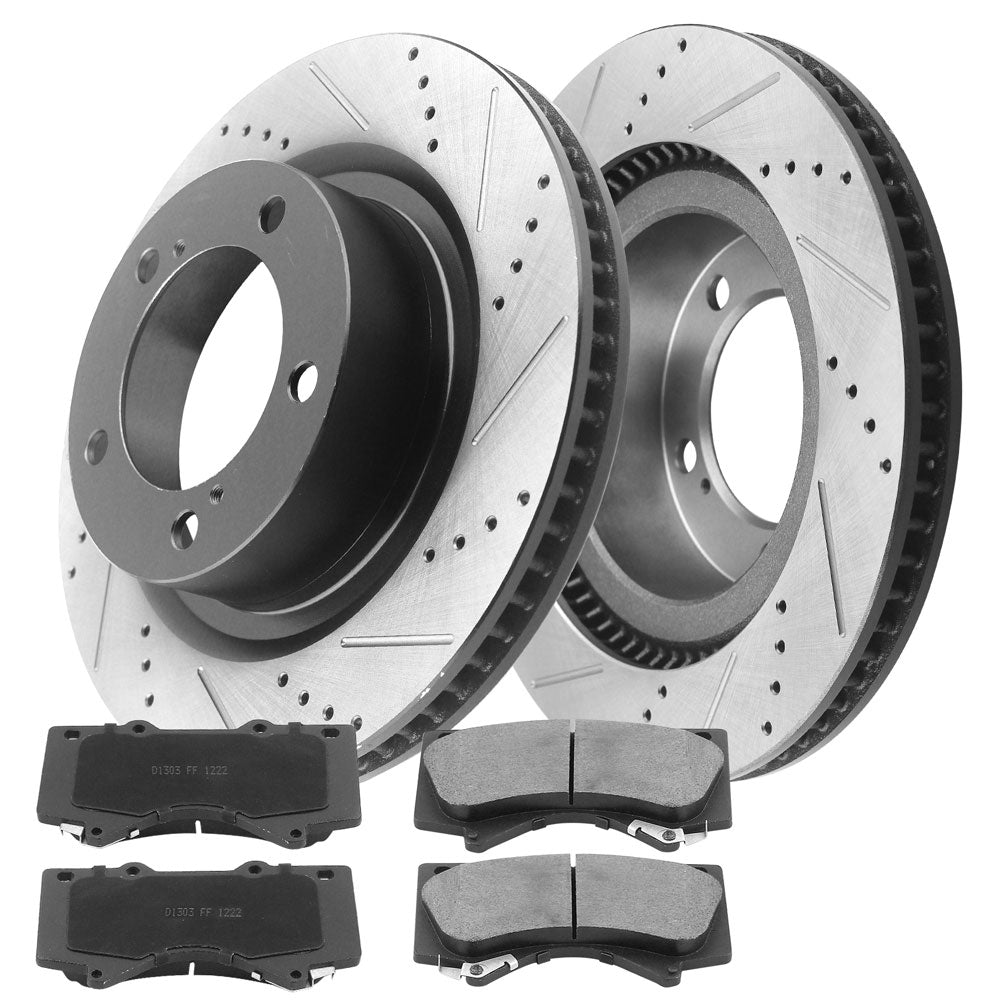 Front Drilled & Slotted Disc Brake Rotors + Ceramic Pads + Cleaner & Fluid Fits for 17-19 Lexus LX570, 16-20 Toyota Land Cruiser, 08-20 Toyota Sequoia, 07-20 Toyota Tundra