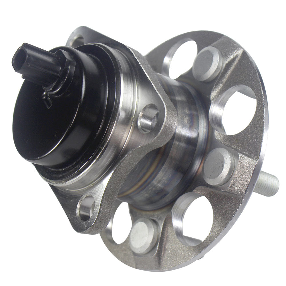 MOOG wheel hub assembly with sensor, front view, yellow branded box, automotive replacement part.

