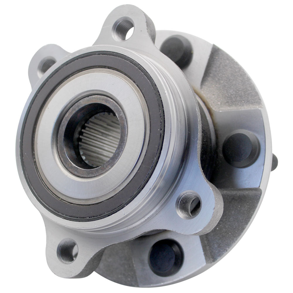 TIMKEN wheel hub assembly with bearing and studs, shown in front of an orange TIMKEN branded box, automotive replacement part.

