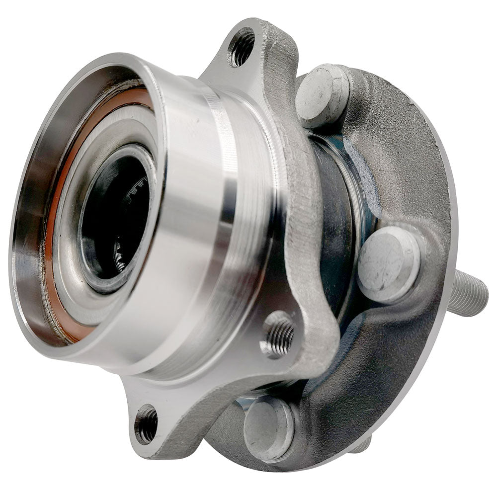 TIMKEN wheel hub assembly with bearing and studs, shown in front of an orange TIMKEN branded box, automotive replacement part.

