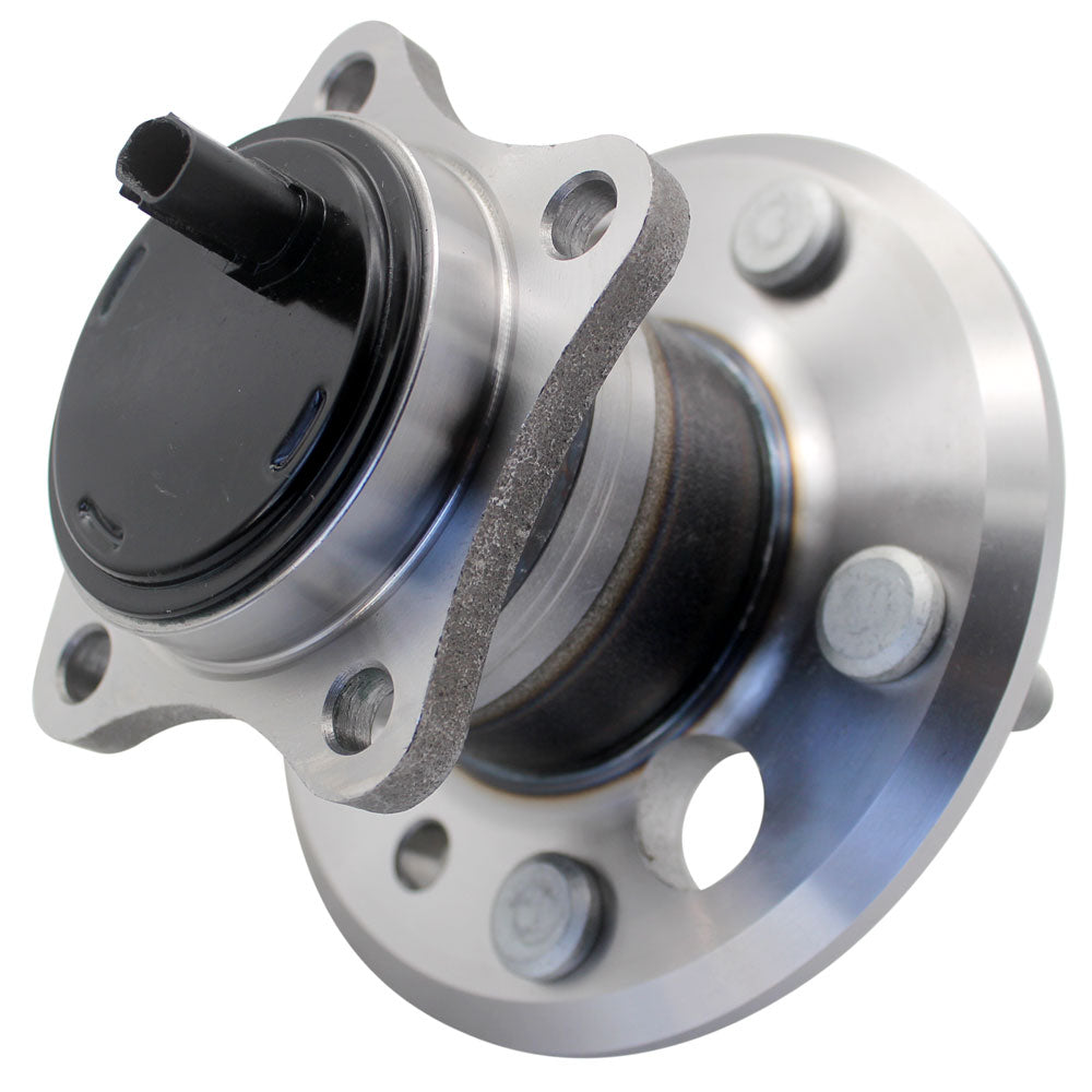 MOOG wheel hub assemblies, front and back view, with ABS sensor, precision fit, durable, shown with yellow MOOG box.

