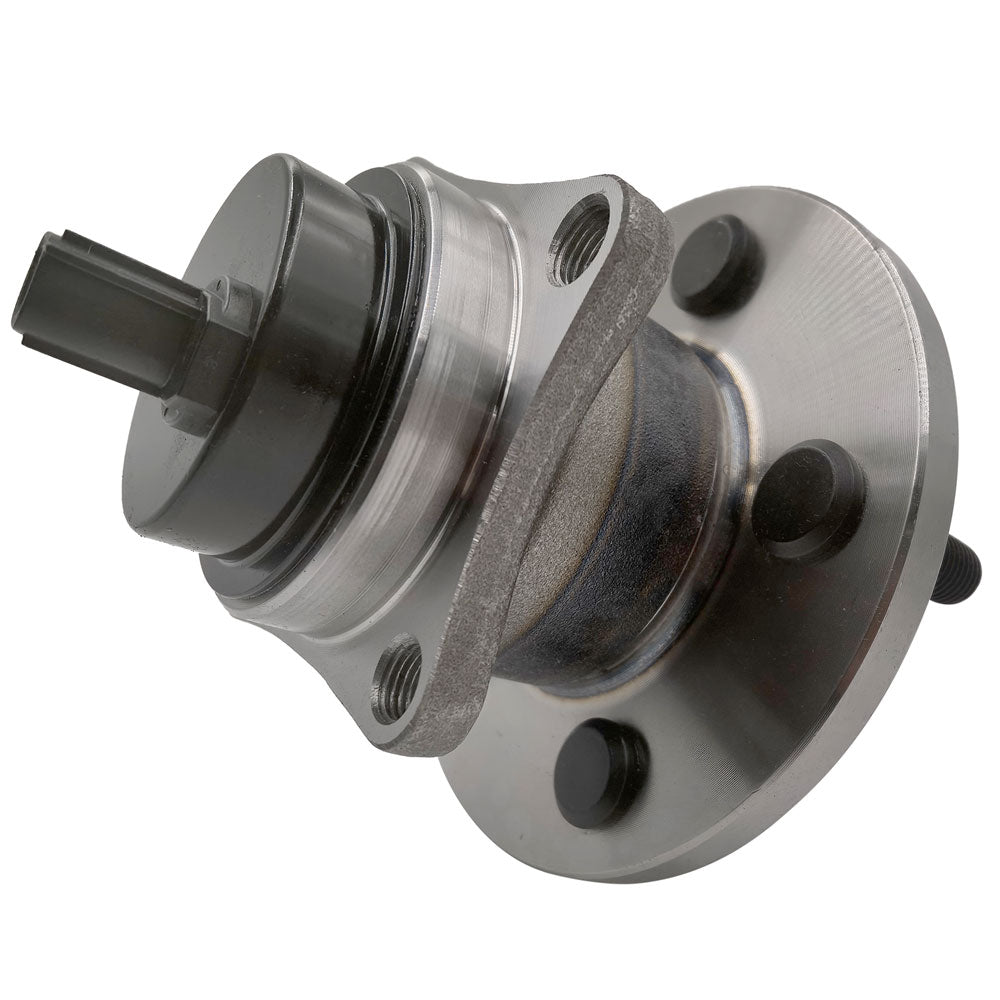 MOOG wheel hub assemblies, front and back view, with ABS sensor, precision fit, durable, shown with yellow MOOG box.

