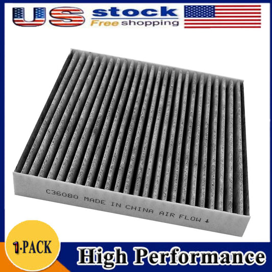 Cabin air filter C36080 with activated carbon pleated media, white frame labeled "MADE IN CHINA AIR FLOW" with directional arrow.


