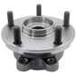 Two MOOG wheel hub assemblies in front of a yellow MOOG branded box with world map, automotive replacement parts.

