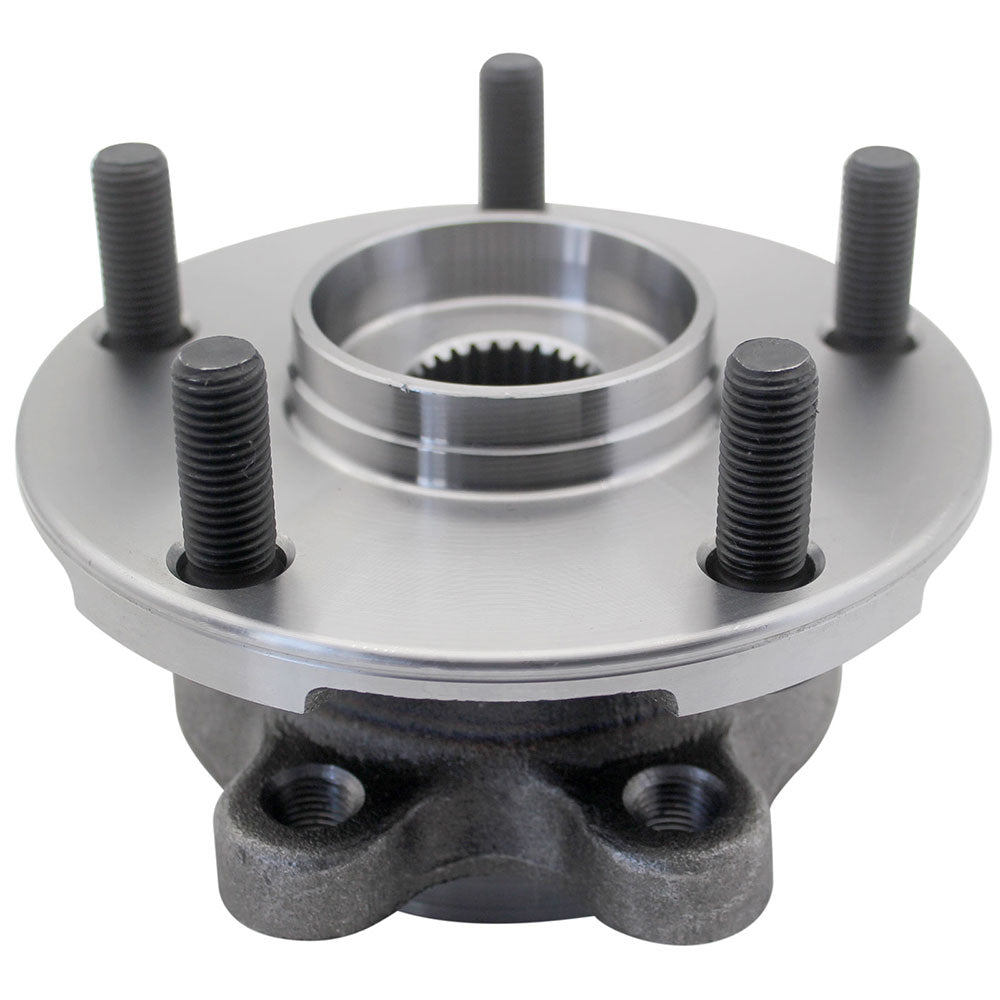 Two MOOG wheel hub assemblies in front of a yellow MOOG branded box with world map, automotive replacement parts.

