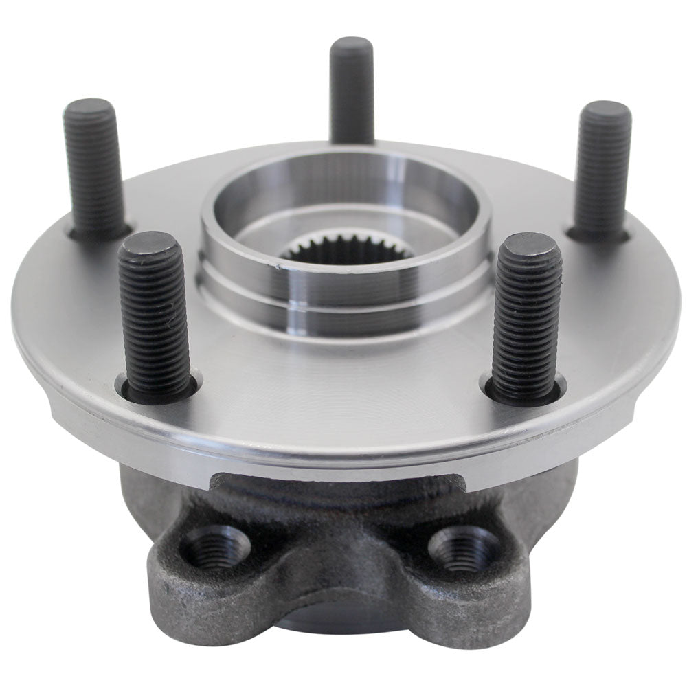 TIMKEN wheel hub assembly with bearing and studs, shown in front of an orange TIMKEN branded box, automotive replacement part.

